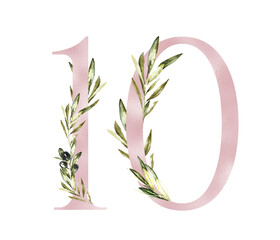 Watercolor floral number 10 illustration. Greenery olive digit 10 with leaves,branch, rose gold letters, golden numbers, botanical wedding table number, milestone cards, months,days, years,card rpint
