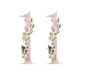 Watercolor floral number 11 illustration. Greenery olive digit 11 with leaves,branch, rose gold letters, golden numbers, botanical wedding table number, milestone cards, months,days, years,card rpint