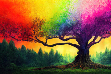 Colorful rainbow big tree 3d illustrated 
