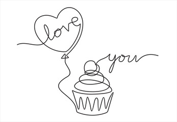 Continuous one line drawing of heart balloon and Cupcake with decoration and cherry . Concept of birthday, valentine's day. 