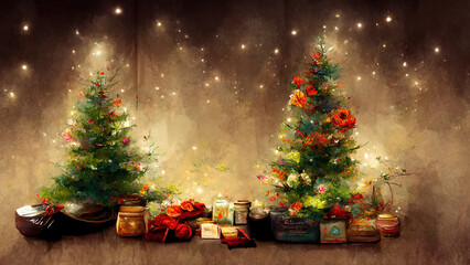 Fototapeta na wymiar Weihnachtliches Dekobanner mit Weihnachtsbaum und Geschenke, Hintergrund Illustration
