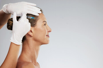 Beauty, face of a mature woman and botox filler injection to tighten skin and reduce wrinkles. Elderly female, anti aging cosmetic procedure and good skincare routine for a natural healthy appearance