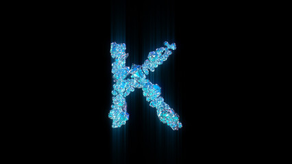 blue brilliants or ice crystals letter K on black bg, isolated - object 3D illustration