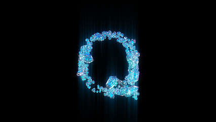 blue diamonds or ice letter Q on black background, isolated - object 3D rendering