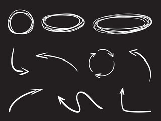 Abstract geometric frame on a blackboard. Hand drawn white geometric shapes on black. Abstract frames. Freehand elements on a chalkboard. Simple arrows. Black and white illustration