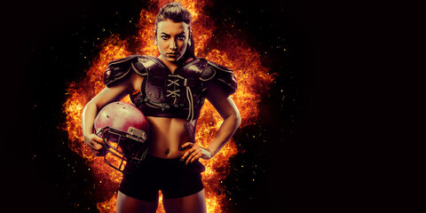 Fototapeta na wymiar Burning American football player woman on dark background with space for text