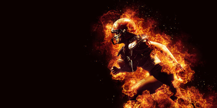 Burning American football player woman on dark background with space for text