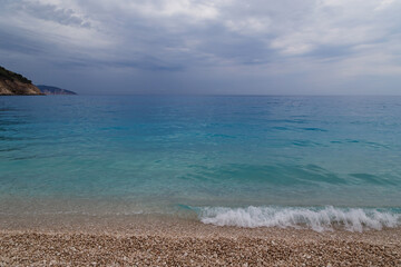 Dark stormy dramatic sky over Ionian sea. Myrtos Beach, Cephalonia island, Greece, Europe