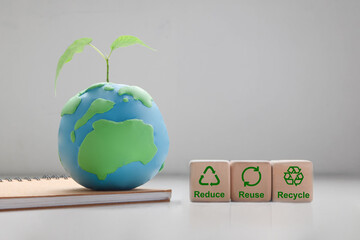 Reduce, reuse, recycle sign set text and icon and the wooden cube blocks screen earth symbol with...