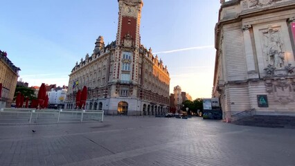 Belfry Of The Lille Chamber of Commerce In Lille, France. - tilt up, dolly forward - Powered by Adobe