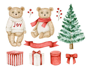 Watercolor illustration set with toy bears, gift boxes, christmas tree, banner. Isolated on transparent background. Hand drawn clipart. Perfect for card, tags, invitation, printing, wrapping.