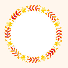 Autumn background template. Circle frame of fall leaves, herbs and berries with blank space for text or photo. Vector 10 EPS.