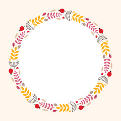Autumn background template. Circle frame of fall leaves, herbs and berries with blank space for text or photo. Vector 10 EPS.
