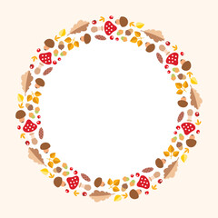 Autumn background template. Circle frame of fall leaves, herbs and berries with blank space for text or photo. Vector 10 EPS.