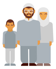 Fototapeta premium Islamic family. Muslim parents with son in traditional arabic clothes