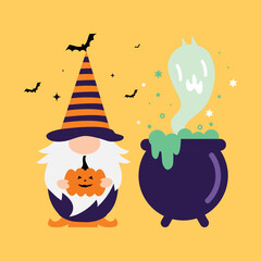 Naklejka premium Halloween gnomes with pumpkins and witch potion, cauldron hat spider net vector illustration 