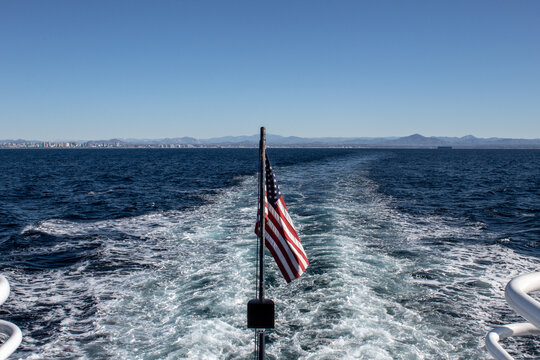 View of wake from the taffrail of a whale watching vessel in the San Diego Harbor