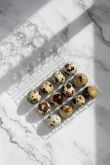 Small speckled quail bird eggs in a transparent plastic container on marble background