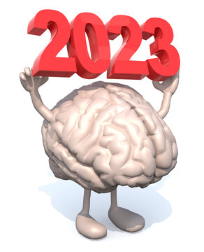 brain with arms, legs and the 3D inscription 2023