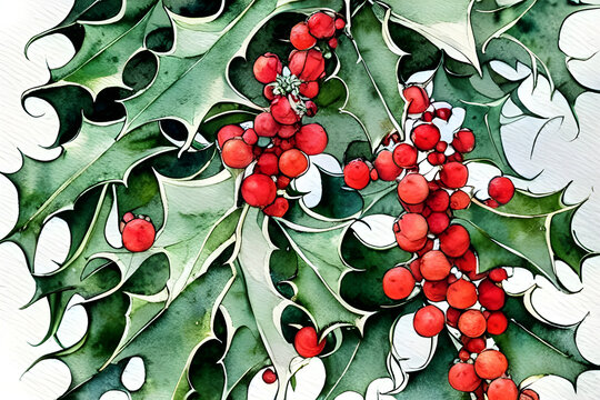 watercolor painting of a branch of holly on christmas with a white background - illustration - painting