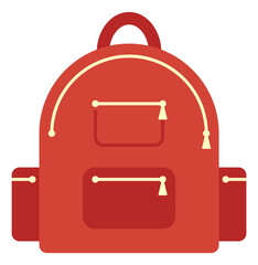 Red backpack icon. Kid school bag with pockets