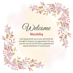 Fototapeta na wymiar Welcome card with vintage pink rose corner and watercolor background