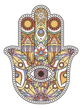 Hamsa icon. Asian hand amulet with color ornament