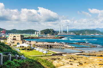 The landscape of the coastal rock at Heping Island Park in Keelung City, Taiwan, Keelung Islet is just in the back.