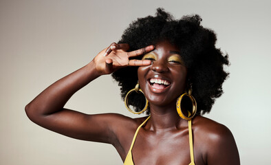 Beauty peace sign, black woman with gold makeup on healthy skin and jewelry in mockup studio...