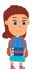 Girl with backpack. Cartoon school kid. Walking child