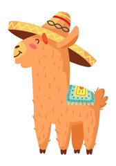 Cartoon alpaca. Cute smiling llama in mexican hat