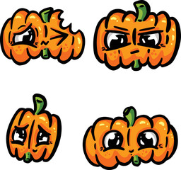 Cartoon Pumpkin Characters with Faces Orange with Eyes and Face Collection in Vector