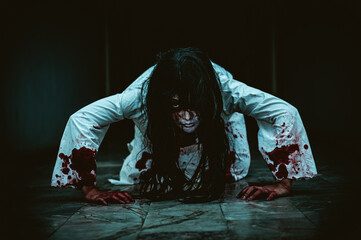 Portrait of asian woman make up ghost,Scary horror scene for background,Halloween festival...