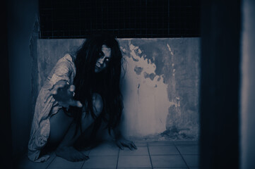 Portrait of asian woman make up ghost,Scary horror scene for background,Halloween festival...