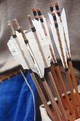 Wooden arrows for the bow. Hand crafted arrows in medieval style. Arrows with feather plumage in...