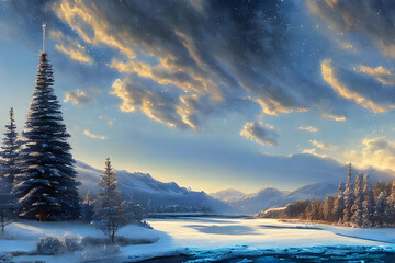 beautiful panoramic landscape with a christmas tree, forest, frozen river and snowy mountains - oil painting - illustration