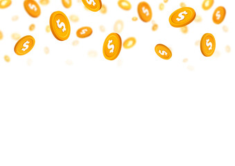Gold coins with dollar sign falling down . Money rain gold chips 
