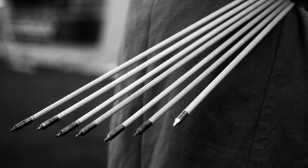 Wooden arrows for the bow. Hand crafted arrows in medieval style. Arrowheads historical...