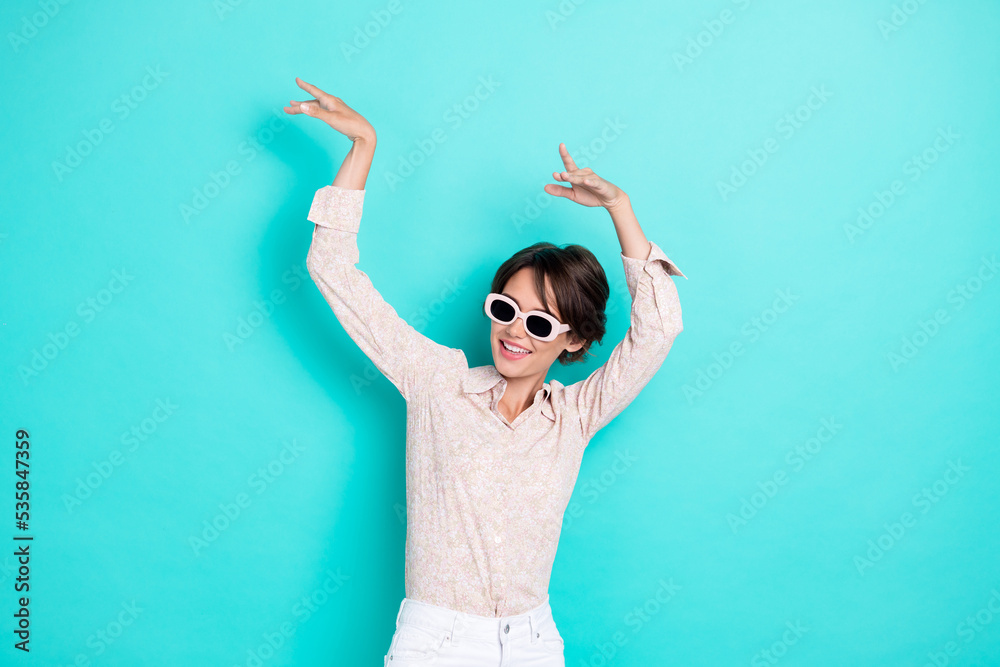 Poster photo of hooray bob hairdo millennial lady dance wear glasses white shirt isolated on teal color bac