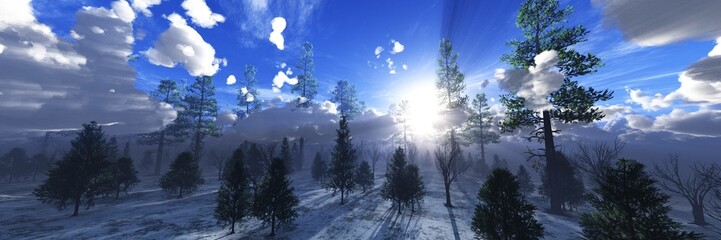 Winter landscape, beautiful view of the winter forest with pines and firs at sunrise or sunset, 3d rendering