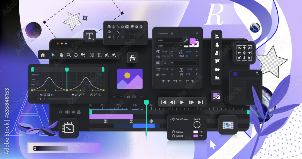 Poster interface menu and program panels for motion design on an abstract background