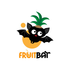 Fruit Bat Illustration. Funny cartoon bat with pineapple crown on the head