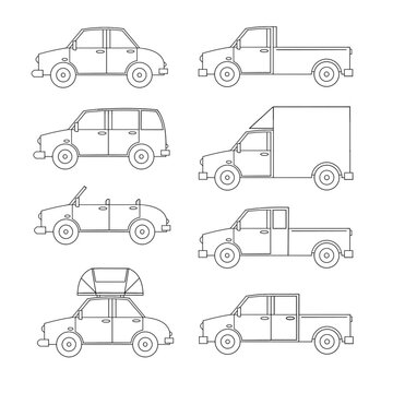 Car and pickup car drawing with no fill color only line.