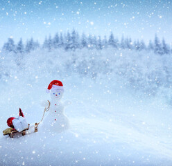 Christmas snowman with red hat and gifts stand in white snow.