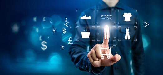 Online shopping concept through the internet and the use of currency exchange rates. Payment via digital wallet system and online transaction. The idea of shopping from anywhere in the world.