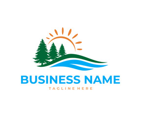 Fototapeta na wymiar Landscape outdoor logo design lake scene view emblem badge logo design with sunrise icon