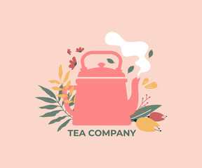 Pretty teapot vector illustration with some leaf and flower. Adorable hand drawn teapot for logo