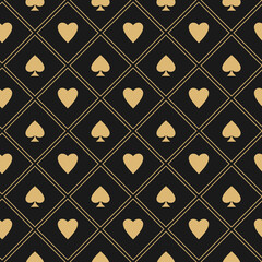 Golden seamless pattern with card suits - hearts, clubs, spades and diamonds. Casino gambling, poker wallpaper. Alice in wonderland ornament on black background