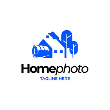  modern, clean and unique logo that combines a house with a camera or video, House and lens logo illustration with tree scene