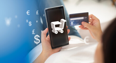 Online shopping concept through the internet and the use of currency exchange rates. Payment via digital wallet system and online transaction. The idea of shopping from anywhere in the world.